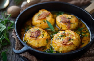 Pan-Fried Sweet Potato Dumplings with Bacon Butter