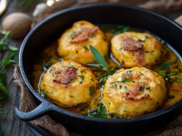 Pan-Fried Sweet Potato Dumplings with Bacon Butter