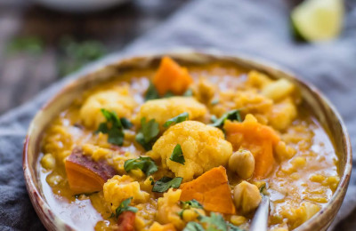 Vegan Cauliflower, Sweet Potato, and Lentil Curry Soup