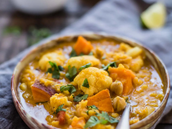 Vegan Cauliflower, Sweet Potato, and Lentil Curry Soup
