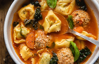 Comforting Soup with Meatballs and Tortellini