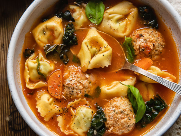 Comforting Soup with Meatballs and Tortellini