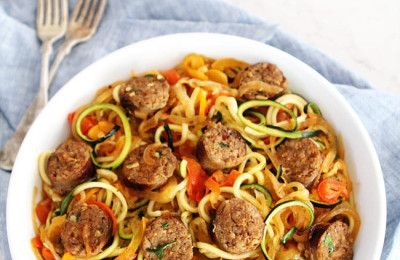 Zucchini Noodles Tossed with Summer Vegetables and Sweet Pepper Sausage