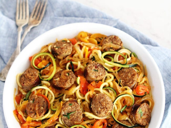 Zucchini Noodles Tossed with Summer Vegetables and Sweet Pepper Sausage