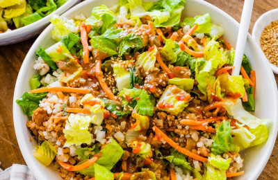 Spicy Peanut Sauce over Cauliflower Rice Lettuce Wraps