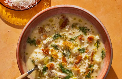 Rich Cauliflower Soup Garnished with Bacon Gremolata