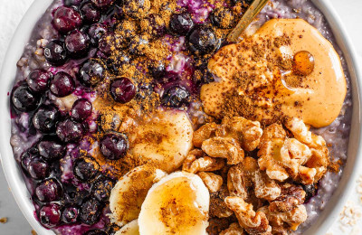 Banana Blueberry Oatmeal Topped with Rosemary