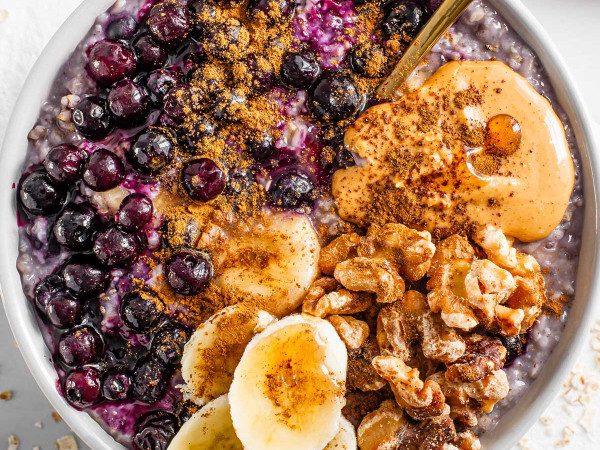 Banana Blueberry Oatmeal Topped with Rosemary