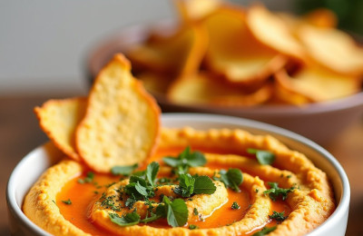 Plantain Chips Served with Red Pepper and Cauliflower Hummus