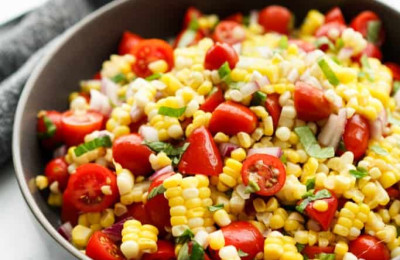 Apple Cider Dressing over Tomato, Basil, and Corn Salad