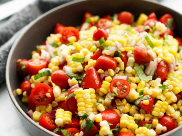 Apple Cider Dressing over Tomato, Basil, and Corn Salad