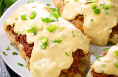 Zesty Oven-Fried Chicken Pairing with Cheesy Grits and Chorizo Sauce