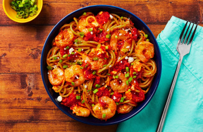 Espelette Pepper Pasta with Shrimp and Feta