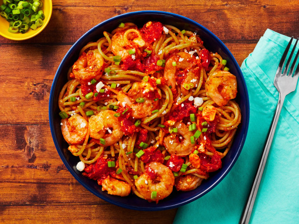 Espelette Pepper Pasta with Shrimp and Feta